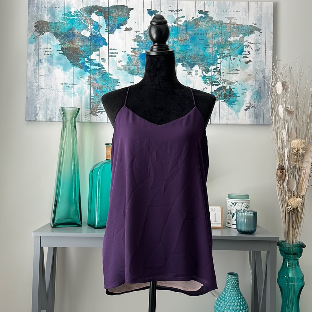 Flowy purple shirt with spaghetti strap and an undershirt of pink. Express.